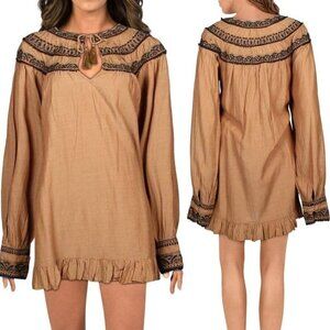 Free People Brown Black Embroidered Long Sleeve Keyhole Mini Dress- 35950